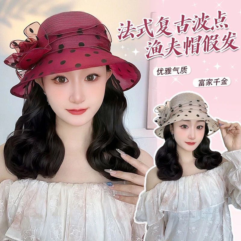 帽子假发一体时尚百搭英伦花朵礼帽短卷发夏季遮阳假发帽子一体女
