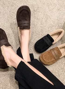 老北京布鞋女冬秋季一脚蹬豆豆乐福鞋平底防滑软底黑色上班工作鞋