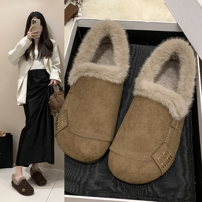 2025冬季新款复古加绒圆头一脚蹬保暖豆豆鞋女羽绒面料羊羔毛棉鞋