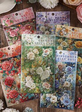 特油烫金防水切膜手账贴纸蔷薇花开咕小卡手机壳文艺复古素材贴画