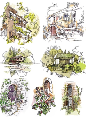 复古手账JunkJournal硅胶透明印章素描手绘风景物橡皮章scrapbook