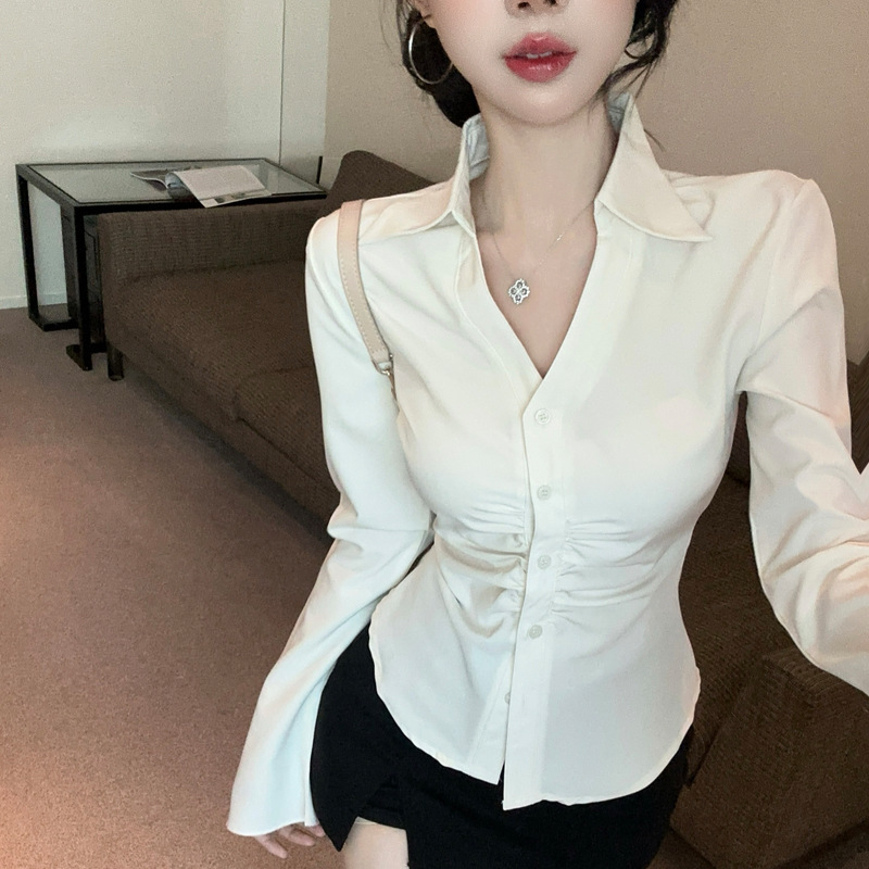 韩国东大门新品 性感翻领单排扣设计感气质褶皱修身显瘦衬衫女