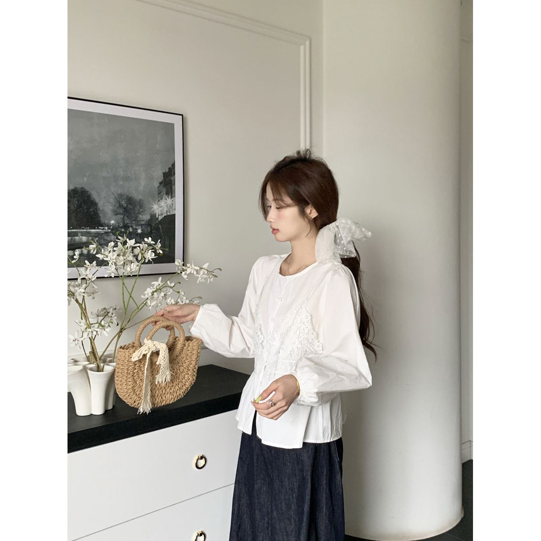 2025春夏吊带蕾丝拼接假两件衬衫女装设计感法式气质长袖短款上衣