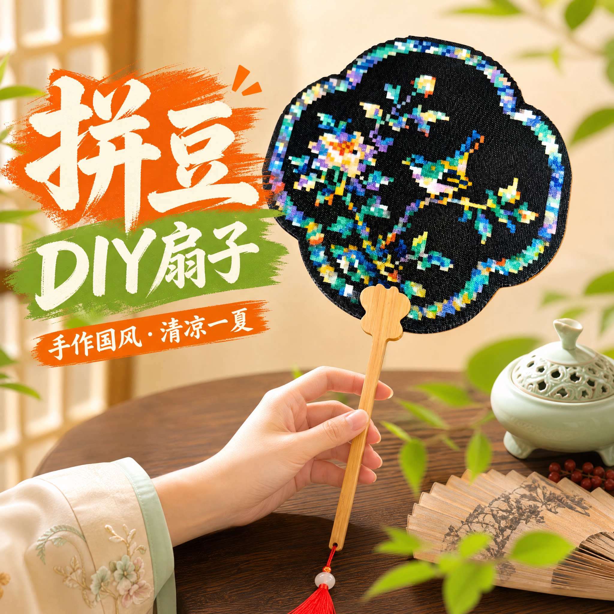 拼豆diy塑料扇柄送铆钉手工木头个性创意礼物拼豆豆扇子手柄配件