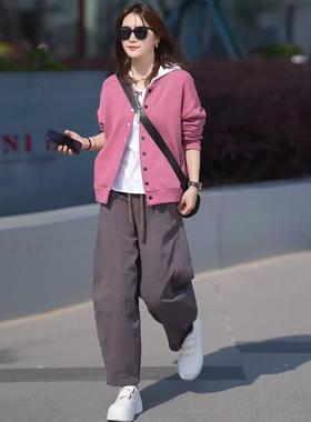 时尚休闲洋气三件套装女春款棒球服外套+百搭打底衫+爆款哈伦裤潮