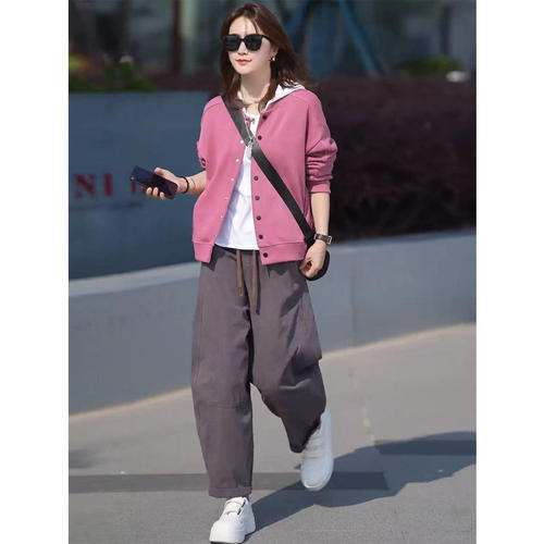 时尚休闲洋气三件套装女春款棒球服外套+百搭打底衫+爆款哈伦裤潮