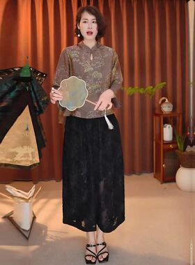 新中式国风盘扣印花上衣高腰花苞阔腿裤两件套女夏季气质减龄套装