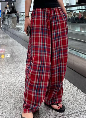 2025夏季新品婴儿棉撞色格弯刀裤复古松紧腰休闲百搭减龄长裤女