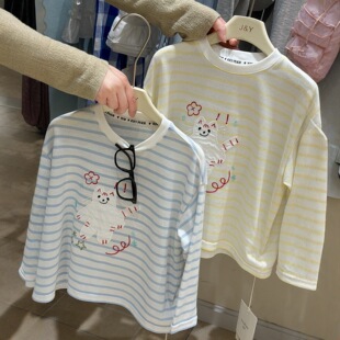 2026新款女童韩版条纹刺绣猫咪长袖T恤春款洋气百搭卡通上衣薄款