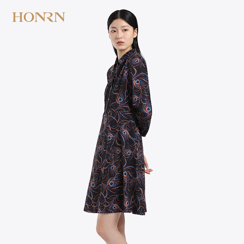 honrn/红人专柜正品秋季女装立领长袖连衣裙商场同款he33ol168