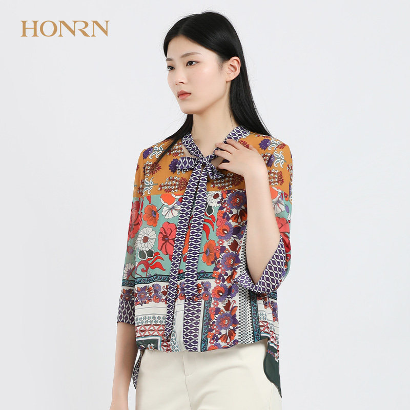 honrn/红人专柜正品夏季女装系飘带七分袖上衣商场同款hf22sy262