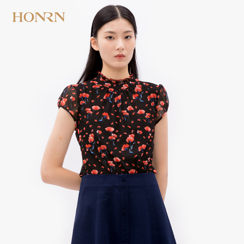 honrn/红人专柜正品春季女装短袖立领针织衫商场同款hf11oz122