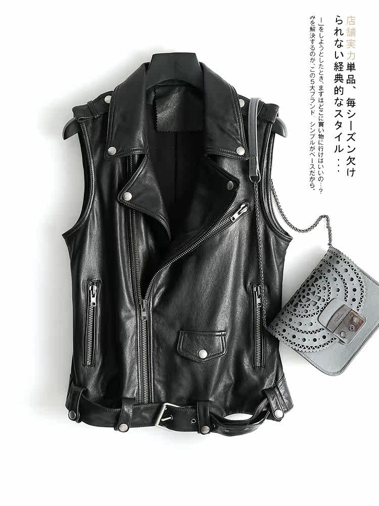 Vintage old wind 2021 new leather vest women's short slim horse clip waistband Sheepskin motorcycle jacket tide