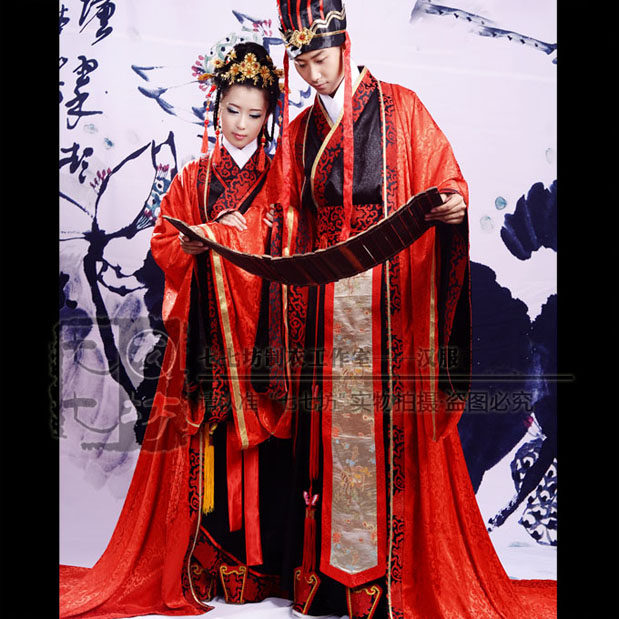 七坊男士结婚汉服华服大拖尾古风秦汉传统周制中式婚服昏服女全套