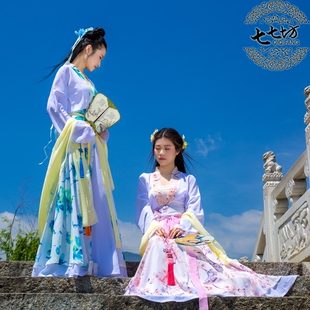 七七坊正统汉服华服中国风唐风宋制天丝印花雪纺日常对襟襦裙粉蓝
