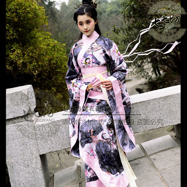 七七坊汉服华手绘风水墨荷花印花棉麻双绕长曲裾袍中国风 锦瑟