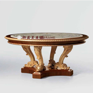 古典家具进口实木手工雕花天然贝壳镶嵌描金圆餐桌 杰茜家高端法式
