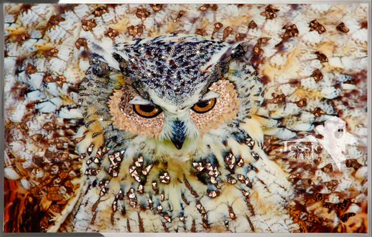狮落高端后现代新古典轻奢主义纯手工瓷嵌式3D水晶猫头鹰装饰画