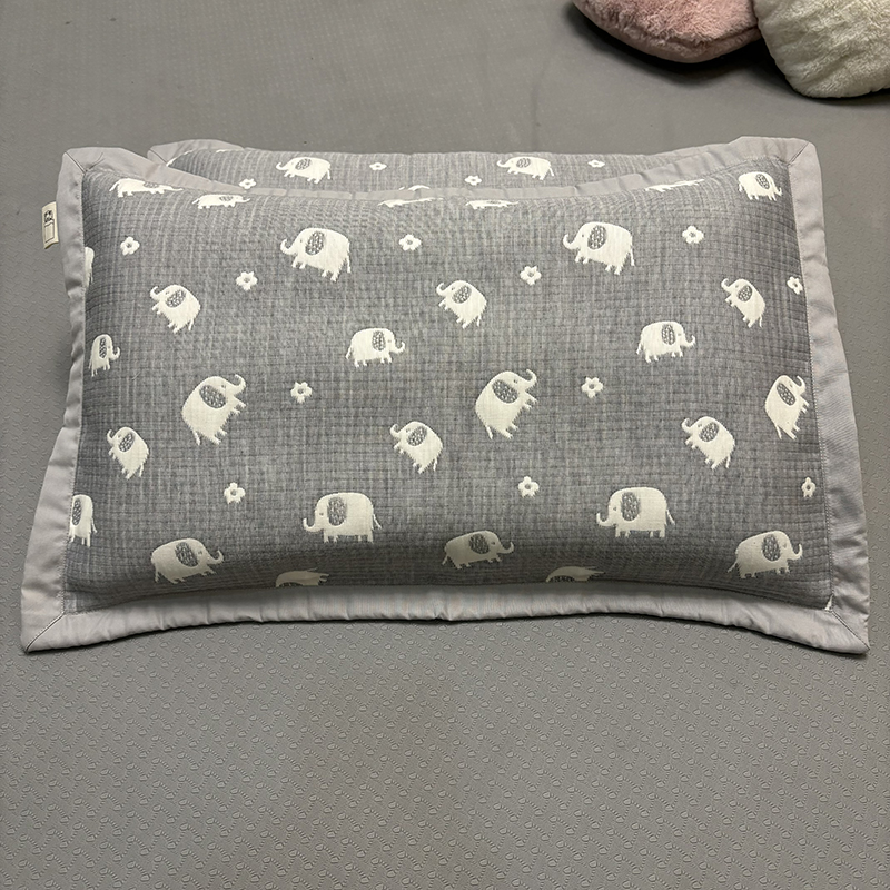 全棉色织提花三层纱布夹棉枕套  活性印染加厚款儿童枕头罩大象灰