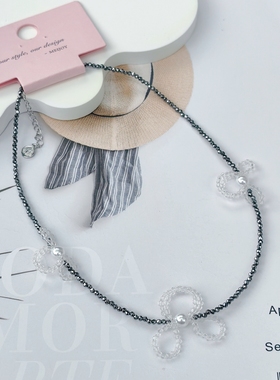 黑色仿水晶串珠颈链甜酷芭蕾风项链甜美少女米珠白色蝴蝶结锁骨链