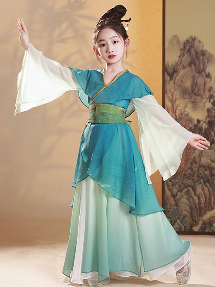 女童汉服儿童新中式古筝演出服古典舞蹈服超仙古装只此青绿表演服图片