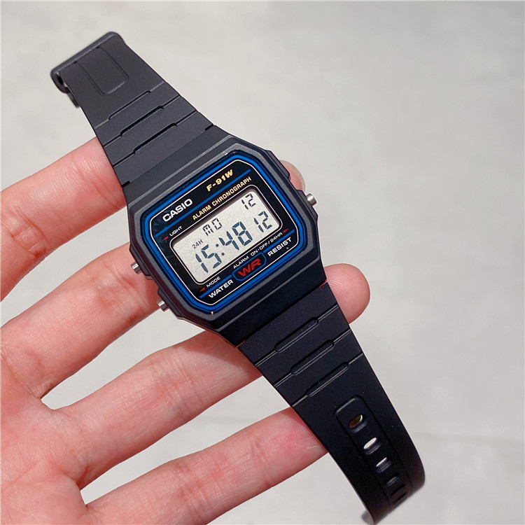 卡西欧手表CASIO F-91W-1A 蓝框防水日历闹钟秒表复古电子小方表
