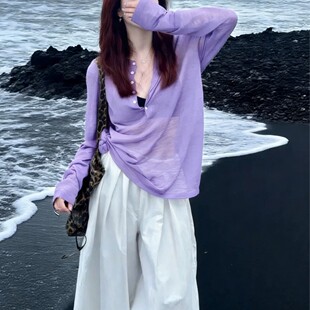 夏季轻熟高级感百搭显瘦长袖外搭防晒T恤女轻薄透气微透薄纱罩衫