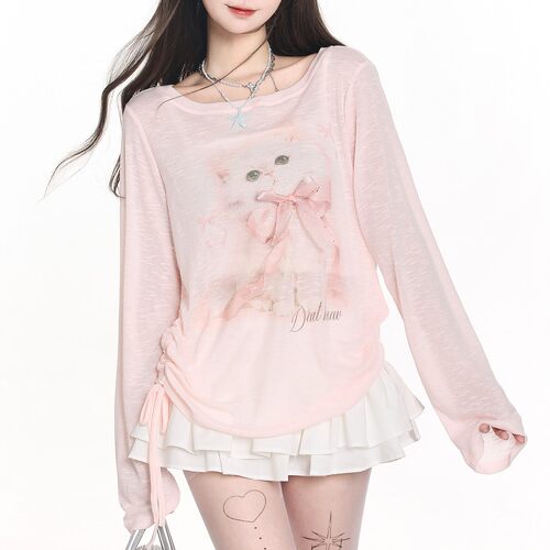 韩系慵懒chic甜美猫咪印花罩衫长袖t恤女春夏穿搭设计感薄纱上衣