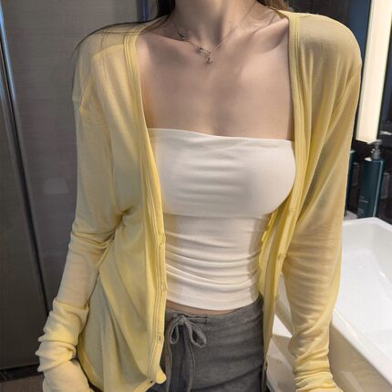 韩版薄款夏季垂感显瘦长袖轻薄外套女甜美系外搭微透防晒天丝开衫