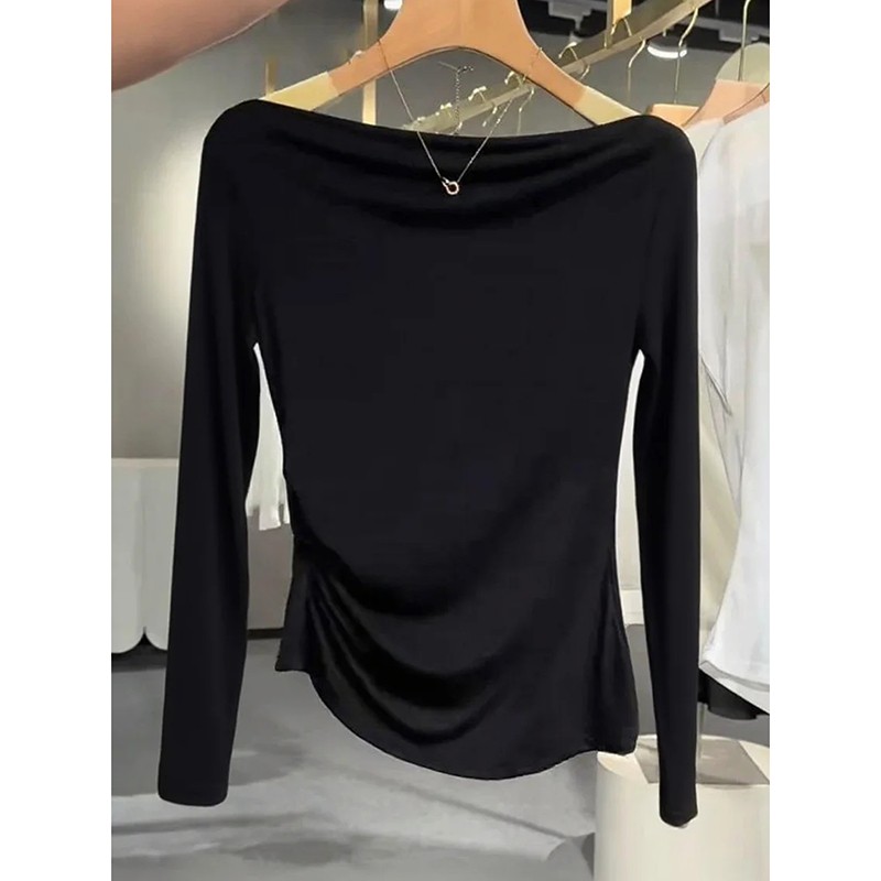 早秋春季新款荡领不规则黑色收腰显瘦高级感百搭长袖上衣内搭T恤