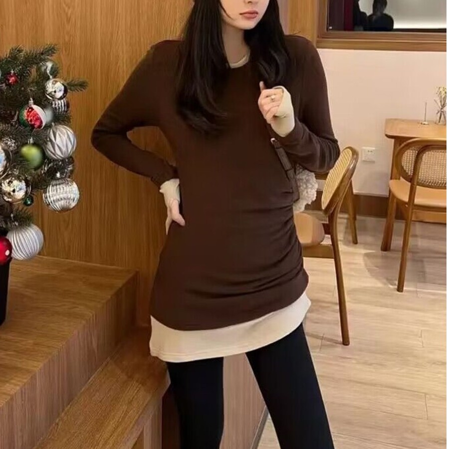磨毛不规则内搭打底衫女新款秋冬高级感中长款拼接真两件上衣潮流
