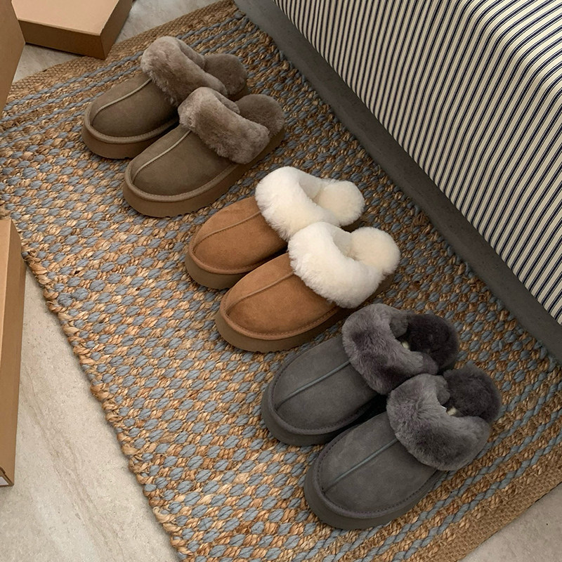 河南桑坡羊皮毛一体厚底星拖包头拖休闲真皮加厚增高毛毛拖鞋女