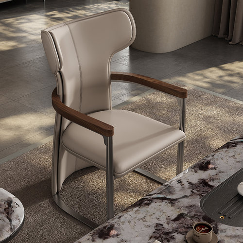 轻奢风胡桃木茶椅茶室真皮主人椅