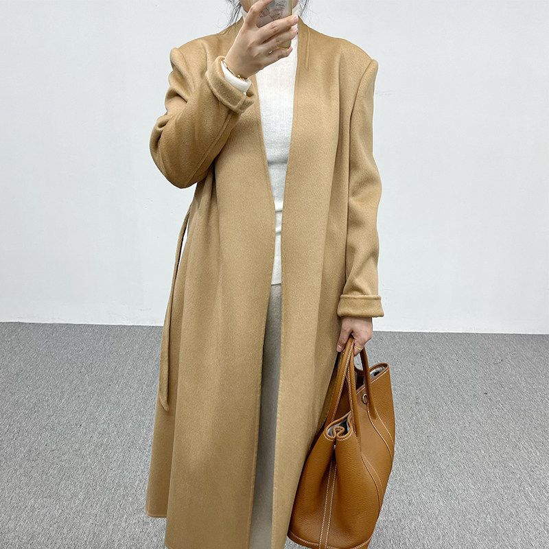2023秋冬新款女士羊绒大衣中长款宽松系带显瘦气质羊毛外套时尚