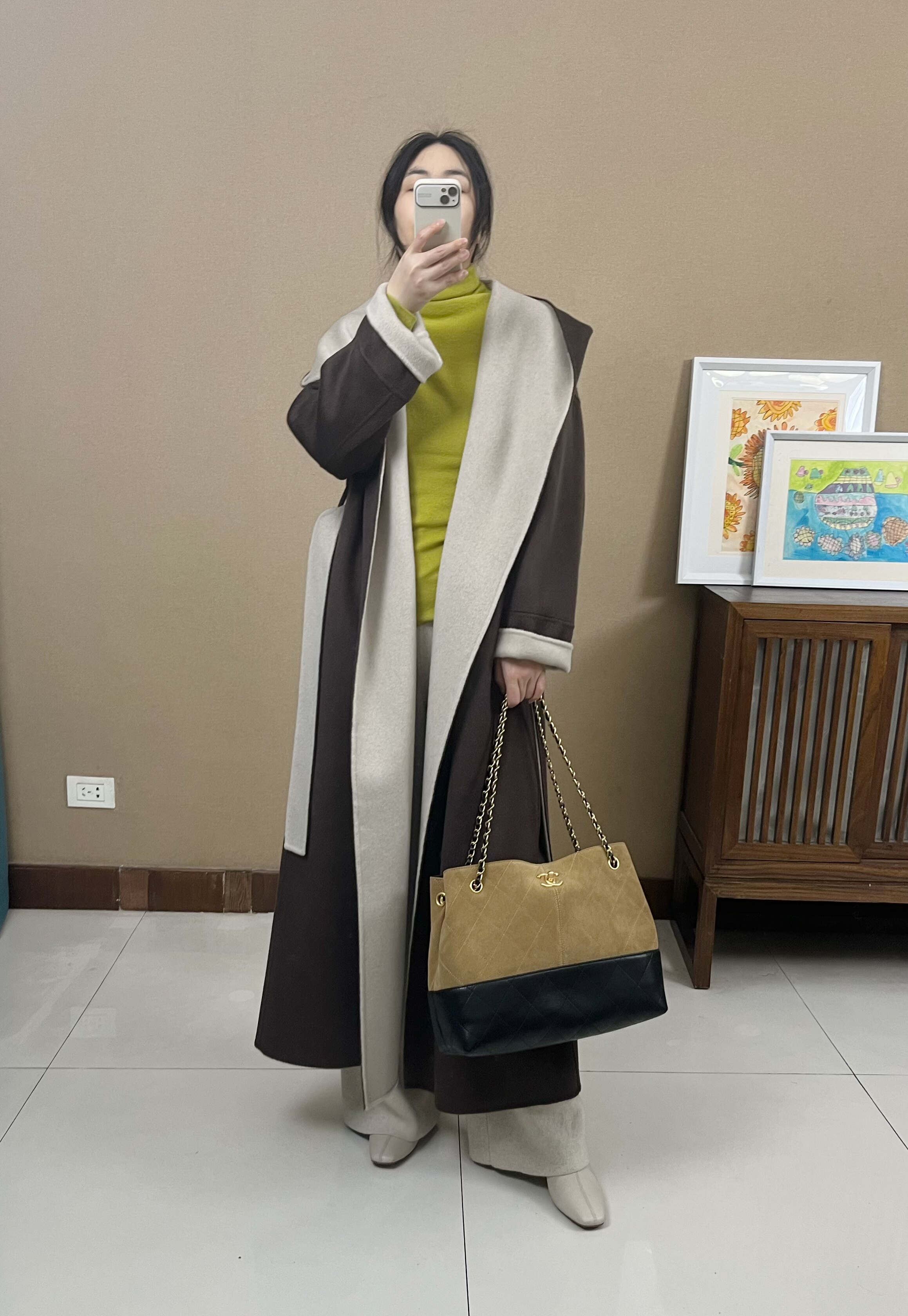 2025冬季新款羊绒大衣女高级感双面拼色连帽宽松显瘦毛呢外套长款