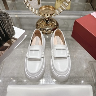 Ηrv方扣面包鞋女增高乐福鞋一脚蹬真皮单鞋厚底运动休闲鞋小白鞋