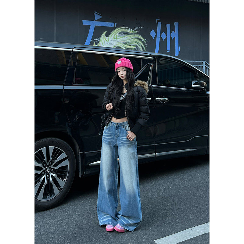 依琳家2026秋冬新款美式高街折痕设计磨白牛仔裤女宽松阔腿拖地裤,女装/女士精品,牛仔裤,淘宝优惠券,粉丝福利购,淘宝优惠卷