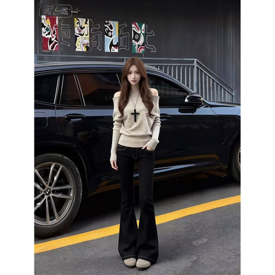 依琳家黑色微喇叭牛仔裤子女2026春季新款窄版低腰梨型身材直简裤