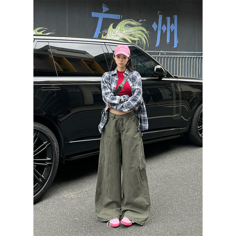 依琳家复古高街军绿色牛仔裤女秋冬2025新款高腰宽松直筒阔腿裤子