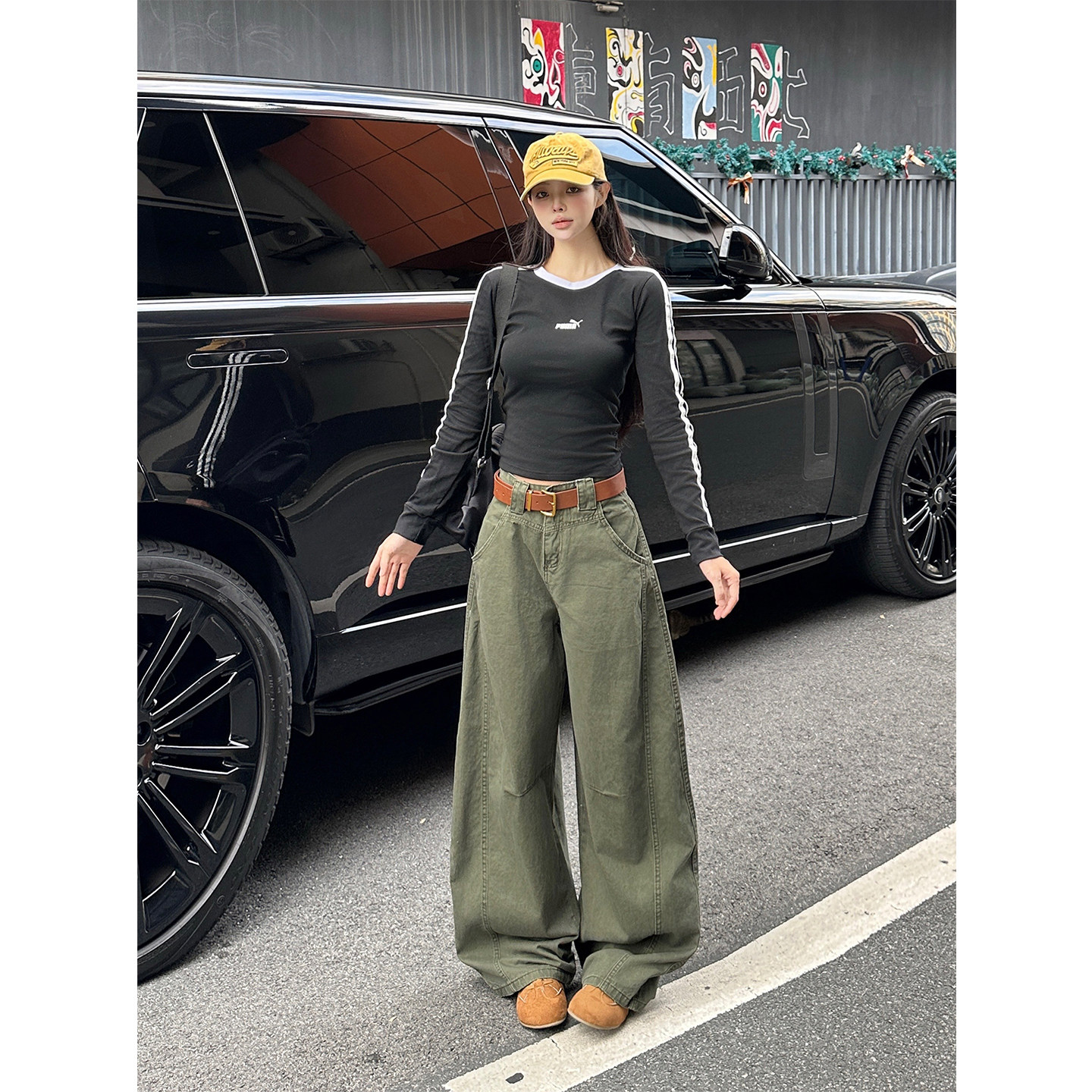 依琳家美式复古阔腿宽松牛仔裤子女秋冬2025新款军绿色直简工装裤