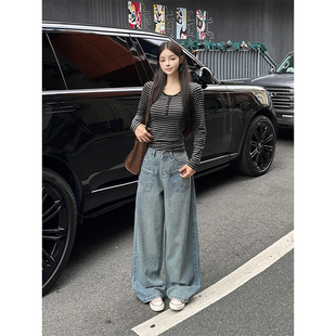 依琳家复古水洗磨白牛仔裤女秋冬季2026新款高腰显瘦直简阔腿长裤