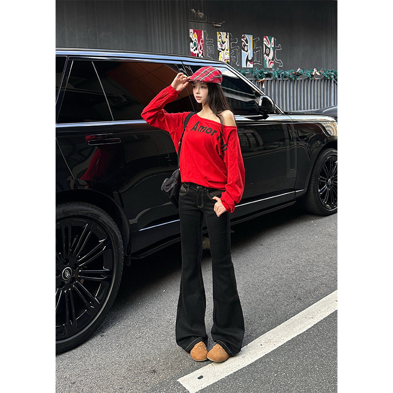 依琳家黑色微喇叭牛仔裤女秋冬2025新款直简窄版低腰梨型身材裤子