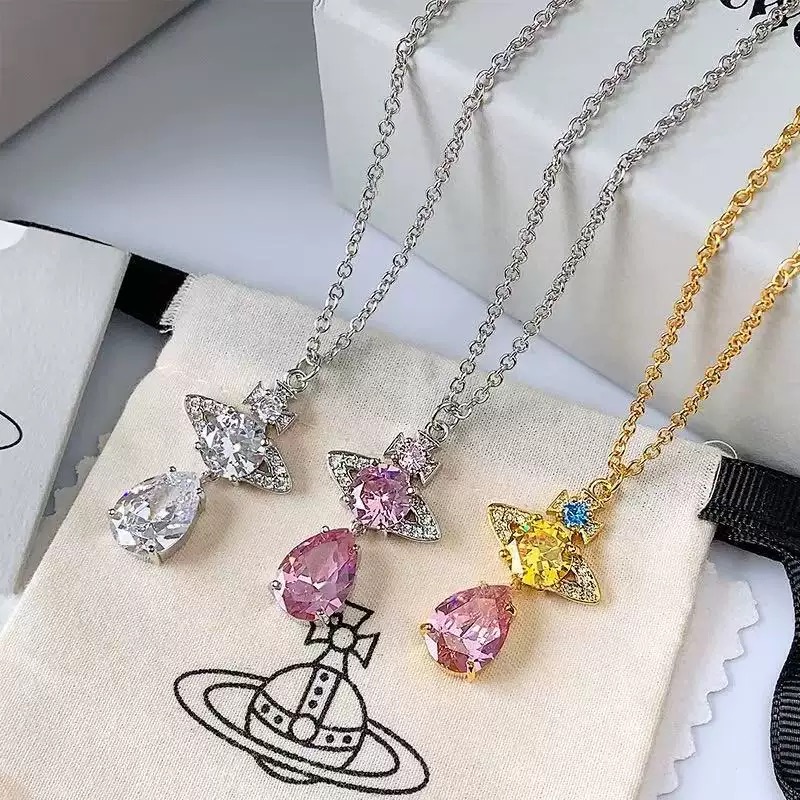 Willa｜经典款人鱼泪彩钻仿宝石水滴轨道土星项链小众锁骨链耳饰
