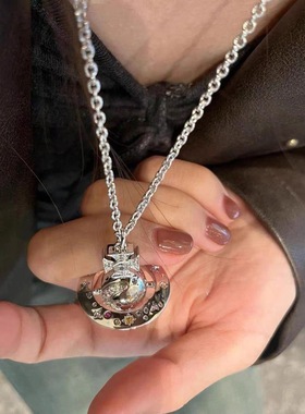 Willa｜中古风星月神话项链土星立体彩钻锁骨链vintage毛衣链