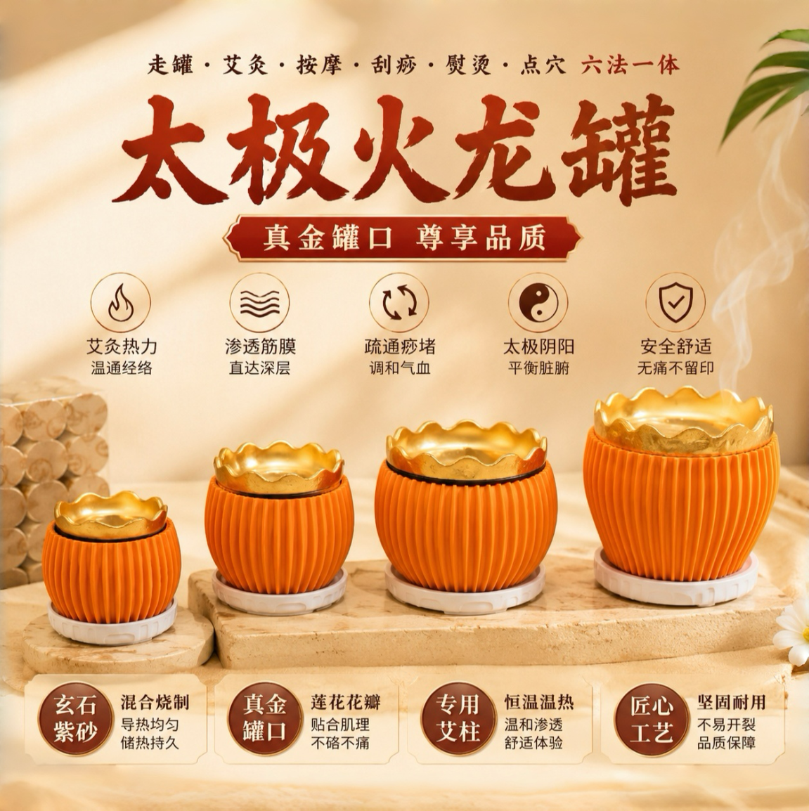 真金太极阴阳火龙罐中医院专用同款大中小佛手罐铃铛花艾灸刮痧