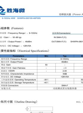 8-10GHz 50dB增益 40W/46dBm 28V 高增益射频微波功率放大器