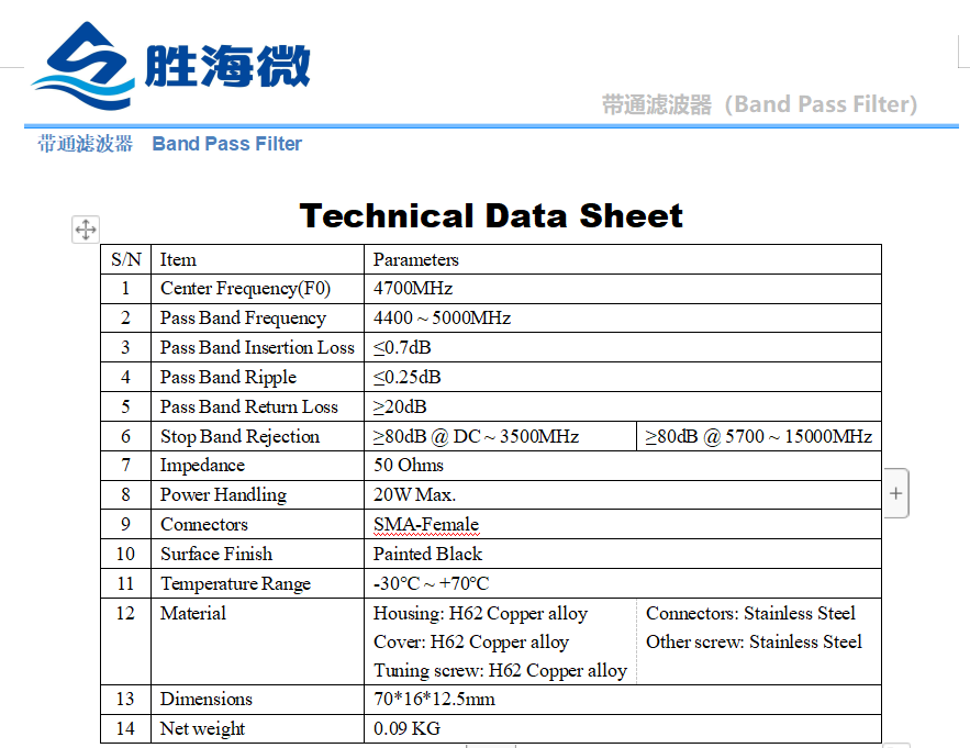 中心频率4700MHz 4400-5000MHz 20W SMA 同轴带通滤波器4.4-5GHz