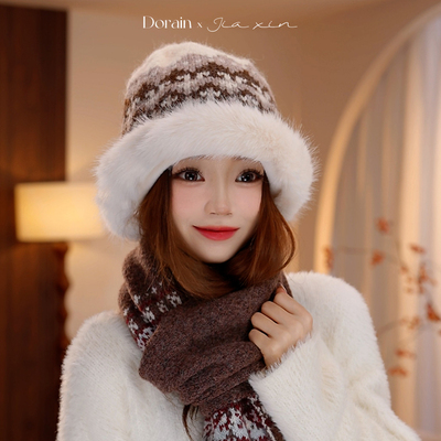费尔岛毛绒帽子女秋冬加厚针织毛线盆帽显脸小包头护耳保暖渔夫帽