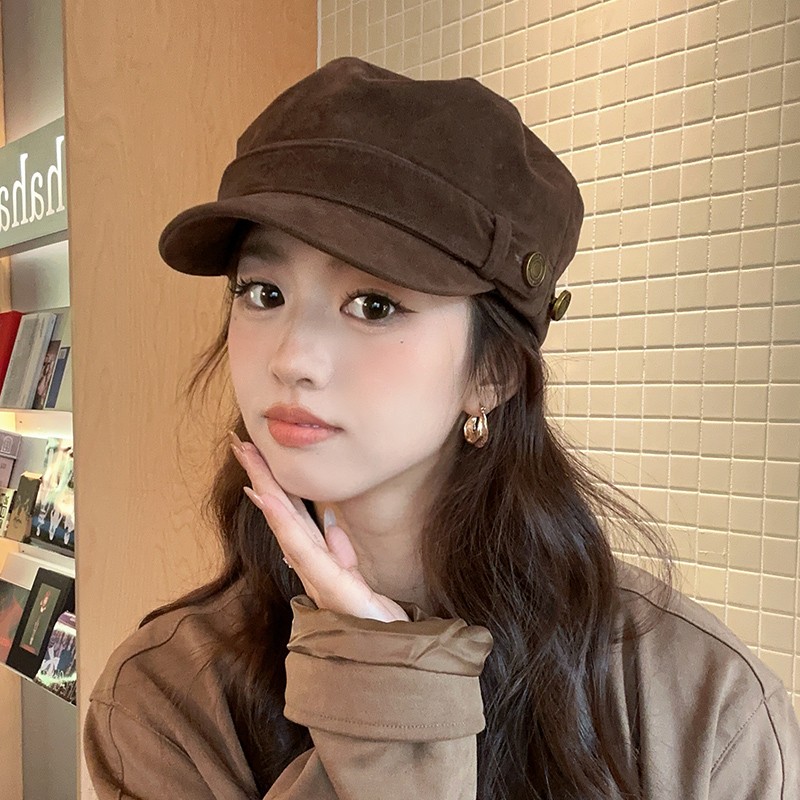 麂皮绒马术平顶帽女秋冬新款美式复古贝雷帽文艺百搭显脸小八角帽