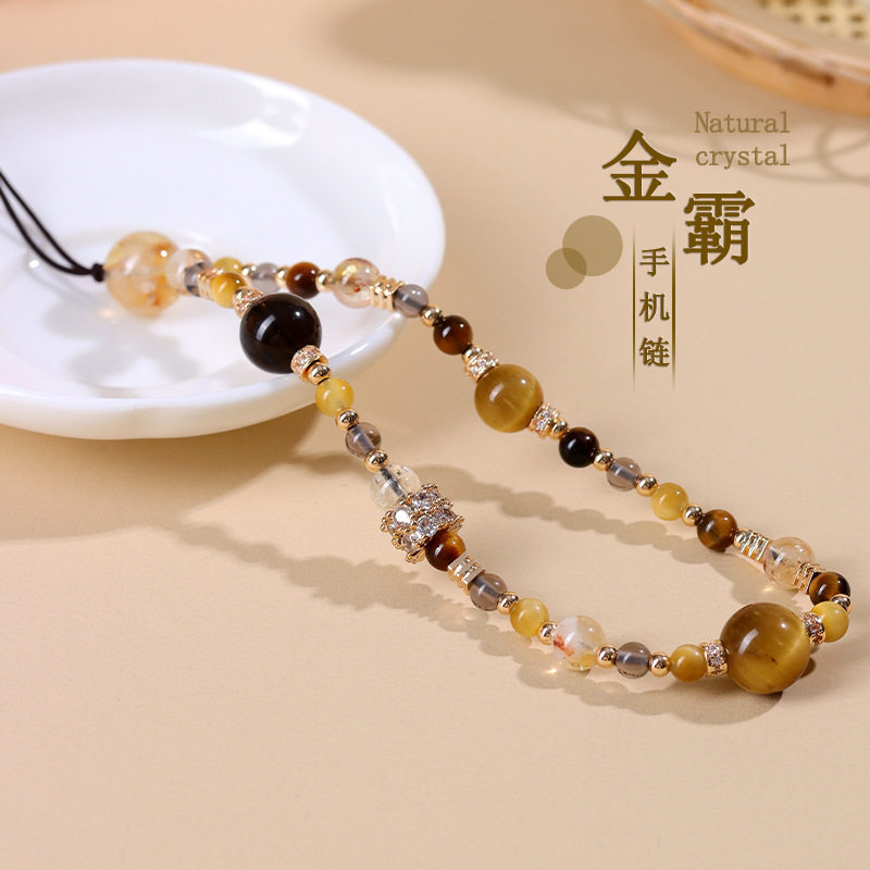 天然黄塔晶手机链女款冰种黑曜石手机挂件/手机链